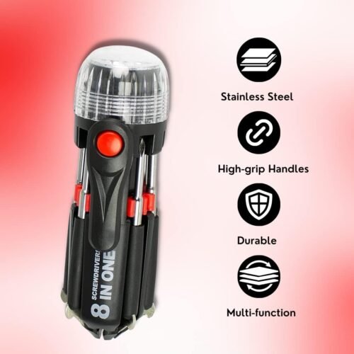 8 in 1 Multifunction Screwdriver Tool Set with Super Bright LED Torch Flashlight Ideal for General DIY Maintenance, Home, Kitchen, Computer, Nightwork Repair and More