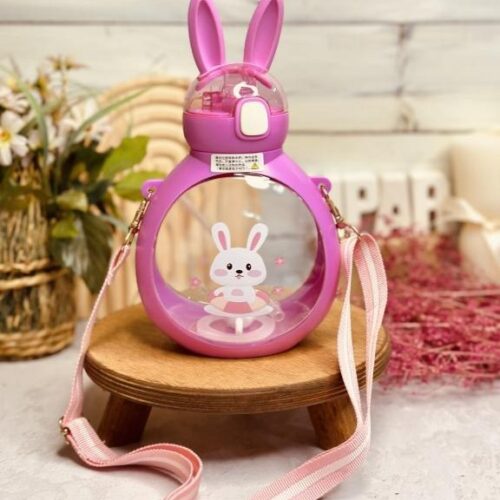 Mini Cute Rabbit water Bottle , Kids Water Cup, Milk Bottle, Children's Drinking Bottle with straw and shoulder strap- Pink