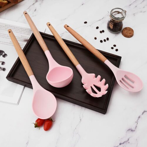 12pcs Kitchen Non-stick Silicone Cooking Utensils Set, Heat Resistant Utensils with Wooden Handle Include Holder, Silicone Spatula Set Cooking Set. -Pink - Tradedubai.ae Wholesale B2B Market