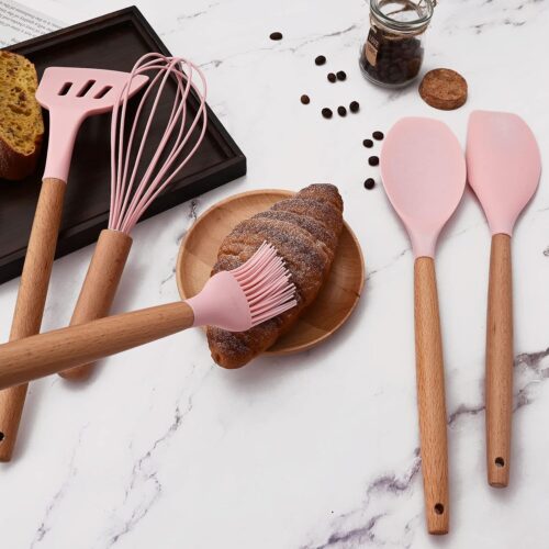 12pcs Kitchen Non-stick Silicone Cooking Utensils Set, Heat Resistant Utensils with Wooden Handle Include Holder, Silicone Spatula Set Cooking Set. -Pink - Tradedubai.ae Wholesale B2B Market