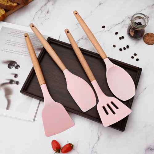 12pcs Kitchen Non-stick Silicone Cooking Utensils Set, Heat Resistant Utensils with Wooden Handle Include Holder, Silicone Spatula Set Cooking Set. -Pink - Tradedubai.ae Wholesale B2B Market