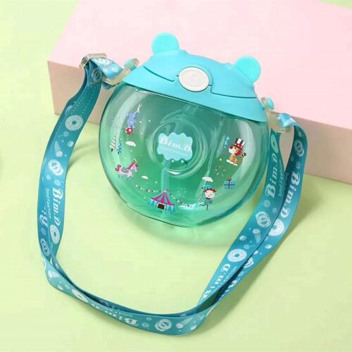 Kids Water Bottles with Straw, Cute Donut Shape Leakproof Plastic Drink Water Bottles with Adjustable Shoulder Strap Portable Reusable Donut Drink Bottle for Outdoor Camping Sports Travel (Blue)