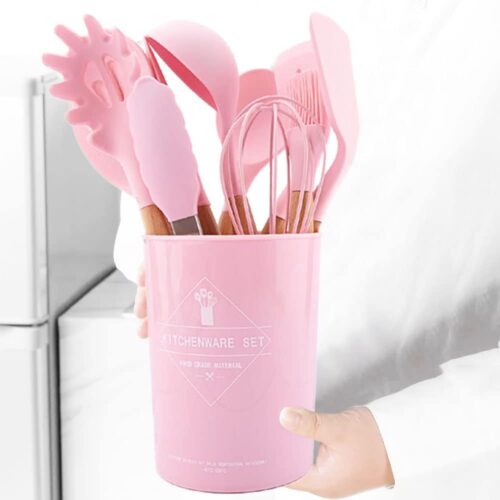 12pcs Kitchen Non-stick Silicone Cooking Utensils Set, Heat Resistant Utensils with Wooden Handle Include Holder, Silicone Spatula Set Cooking Set. -Pink