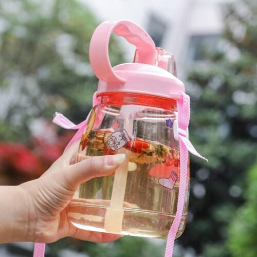 Summer Girls Double Drink Color Spray Small Fat Cup Gradient Color Large Capacity Cup Portable Plastic Straw Cup Portable Shoulder Strap Creative with Straw Sports Water Cup Gift (Multicolor)