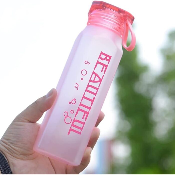 Water Jug Fitness Water Bottle 550ML Transparent Frosted Plastic Square Cup Male And Female Outdoor Portable Water Cup Portable Rope Cup Drinking Water Bottles- Pink