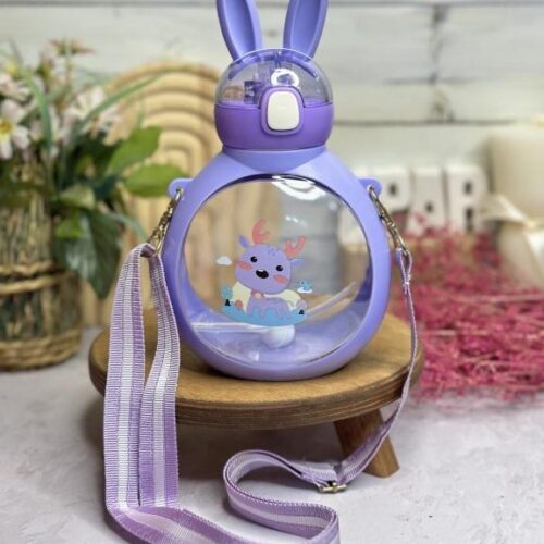 Mini Cute Rabbit Water Bottle , Kids Water Cup, Milk Bottle, Children’s Drinking Bottle with straw and shoulder strap- Purple