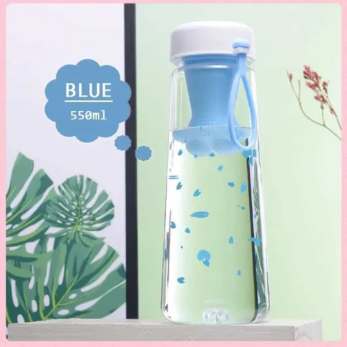 550ml Water Bottle, Creative Cute Cat Claw Tea Filter Plastic Cup Cute Cherry Blossom Portable Leak-Proof Sports Bottle- Blue