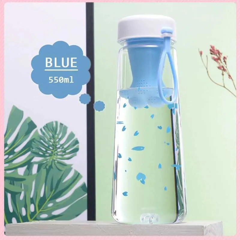 550ml Water Bottle, Creative Cute Cat Claw Tea Filter Plastic Cup Cute Cherry Blossom Portable Leak-Proof Sports Bottle- Blue 550ml Water Bottle, Creative Cute Cat Claw Tea Filter Plastic Cup Cute Cherry Blossom Portable Leak-Proof Sports Bottle- Blue