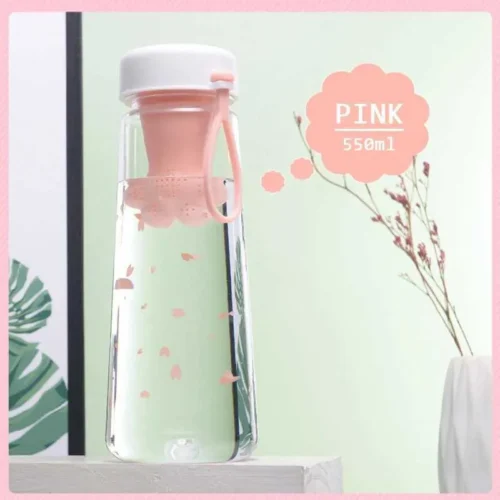 550ml Cute Plastic Cup, Kawaii Cherry Blossoms Design, Portable Leakproof Sports Water Bottle for Girls- Pink