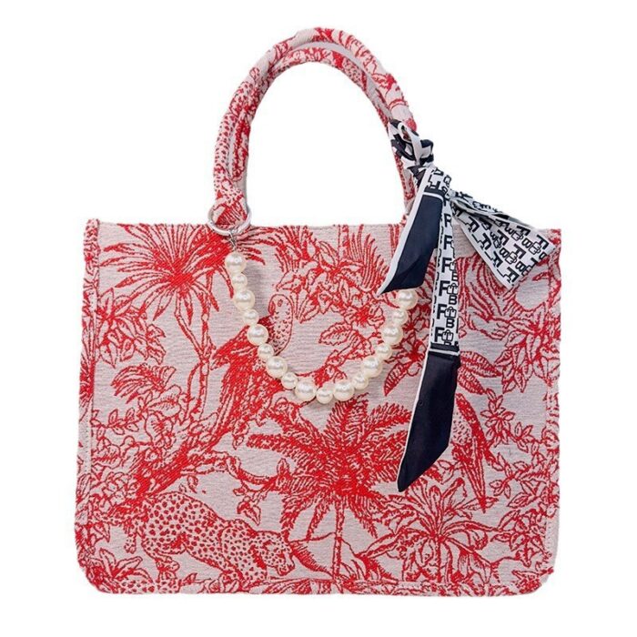 Jacquard Tote Bag with Scarf & Pearl Chain Red / Blue / Black - Tradedubai.ae Wholesale B2B Market
