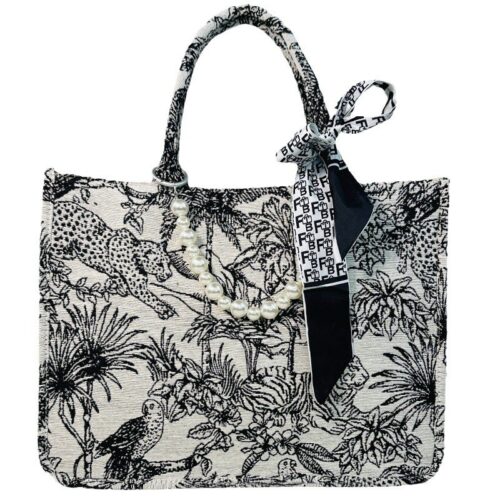 Jacquard Tote Bag with Scarf & Pearl Chain Red / Blue / Black - Tradedubai.ae Wholesale B2B Market