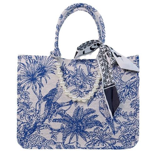Jacquard Tote Bag with Scarf & Pearl Chain Red / Blue / Black - Tradedubai.ae Wholesale B2B Market