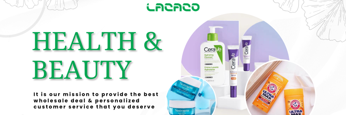Promotional banner for health and beauty products with large green 'HEALTH & BEAUTY' text and circular product photos.