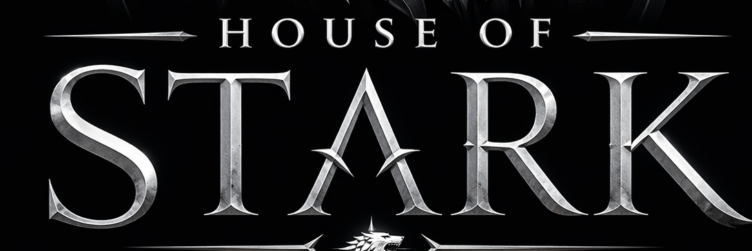 Metallic silver logo reading "HOUSE OF STARK" on a black background with decorative pointed accents and a dragon motif below.