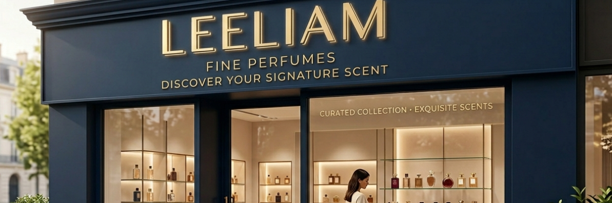Storefront of LEELIAM Fine Perfumes with gold lettering, large display windows, and a customer browsing inside the shop.