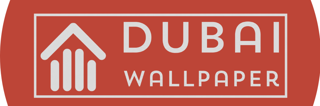 Dubai Wallpaper logo on a red background with a white bordered frame, house-shaped icon, and the text DUBAI WALLPAPER.