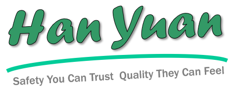 Han Yuan logo in green script with a teal curved underline and the slogan 'Safety You Can Trust Quality They Can Feel'.